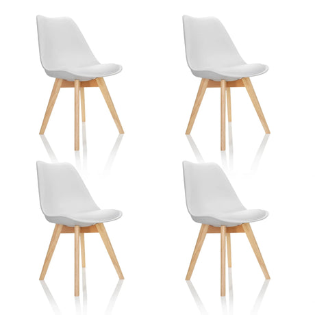 Vier weiße Schalenstühle SCANDI 4 mit hellen Holzbeinen im Set von hjh OFFICE