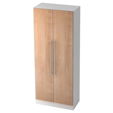 Schrank SIGNA G 7100 in Weiß und Nussbaum-Optik mit zwei Türen und langen Relinggriffen von hjh OFFICE PRO