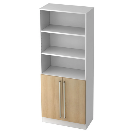 Regal SIGNA G 7700 in Weiß und Eiche mit drei offenen Fächern und einem Schrank mit Chromgriffen von hjh OFFICE PRO