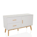 Weißes Sideboard TAROLO mit zwei Schubladen, einer Tür und hellen Holzbeinen von hjh LIVING
