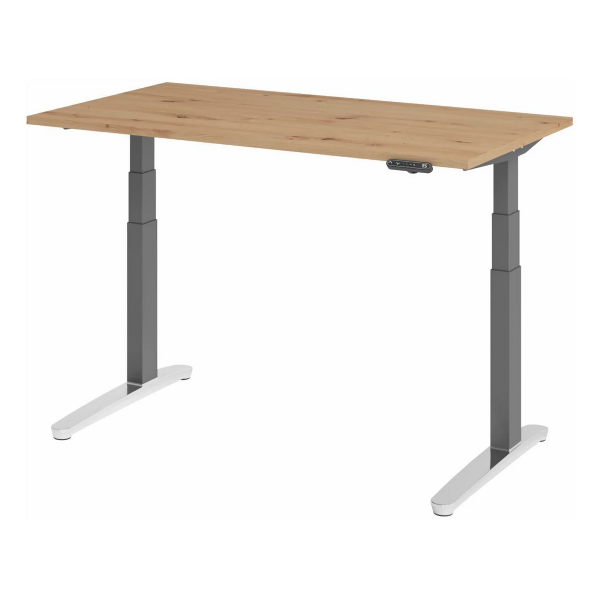 Elektrisch höhenverstellbarer Schreibtisch XBHM 14 GC in Asteiche mit grauen Beinen und Bedienfeld von hjh OFFICE PRO