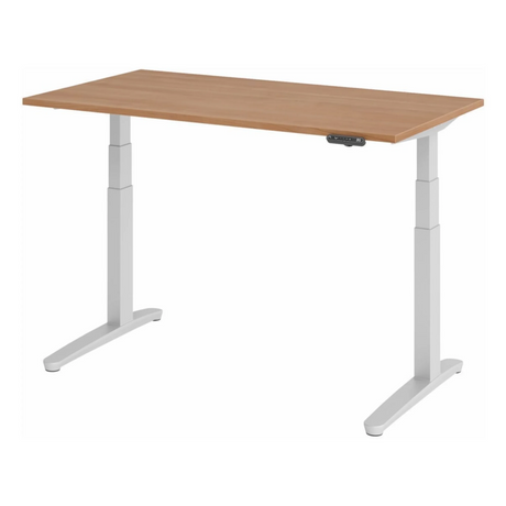 Elektrisch höhenverstellbarer Schreibtisch XBHM 14 SS in Nussbaum mit weißem Gestell und Display von hjh OFFICE PRO