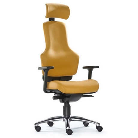 High-End-Bürostuhl ZERO O1 AL L in ockerfarbenem Leder mit Kopfstütze und Armlehnen von Sitwell Steifensand